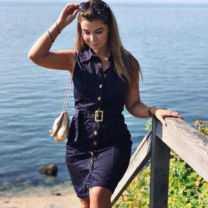 Knee Length Navy Blue Sleeveless Collared Button Up Dress with Gold Buttons